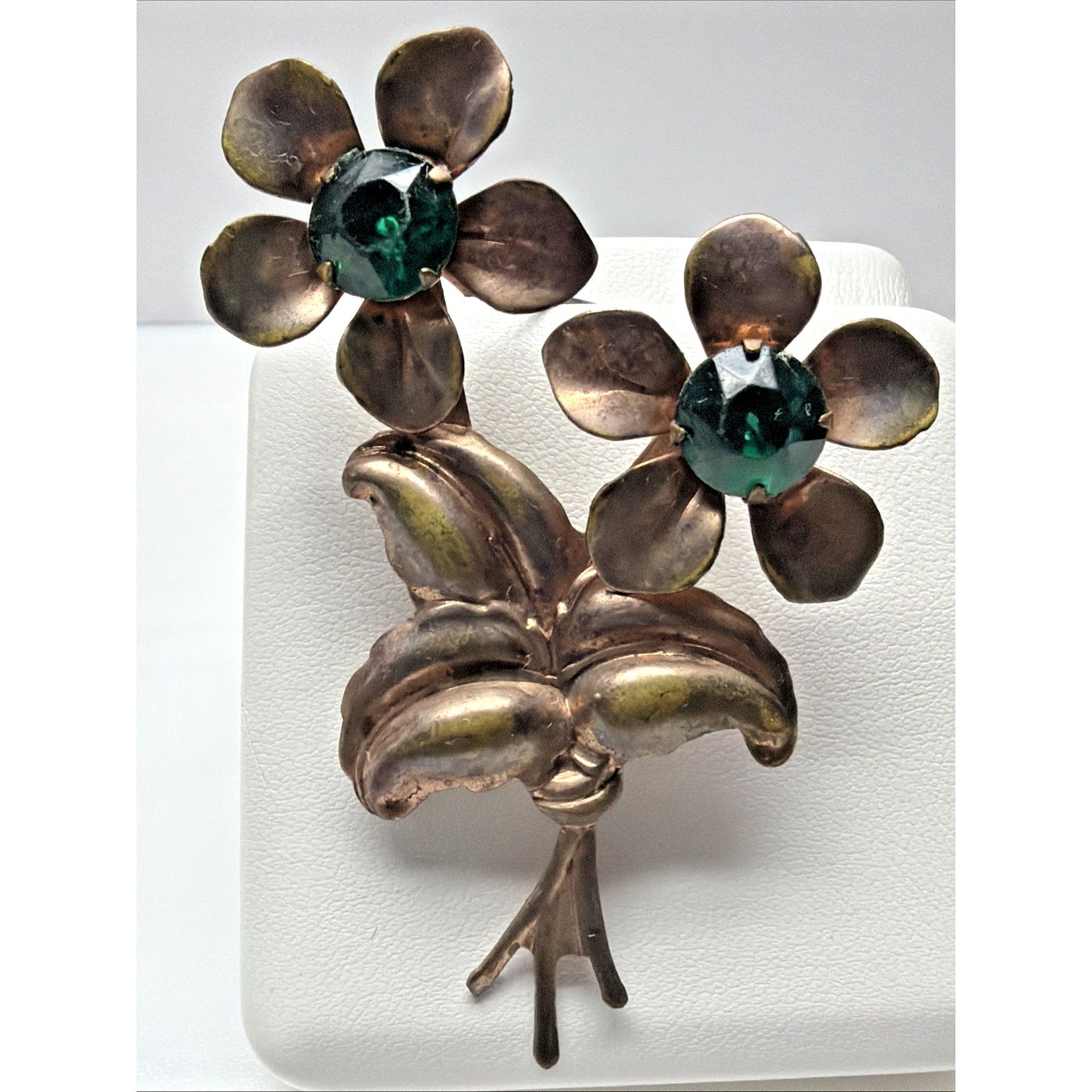 Vintage Copper Floral Flower Brooch Large Green Emerald Rhinestone