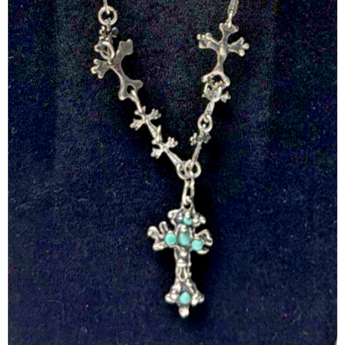 Brutalist Organic Cross Necklace Squash Blossom Turquoise Cabochon Bezel Read De