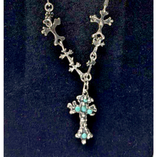 Brutalist Organic Cross Necklace Squash Blossom Turquoise Cabochon Bezel Read De