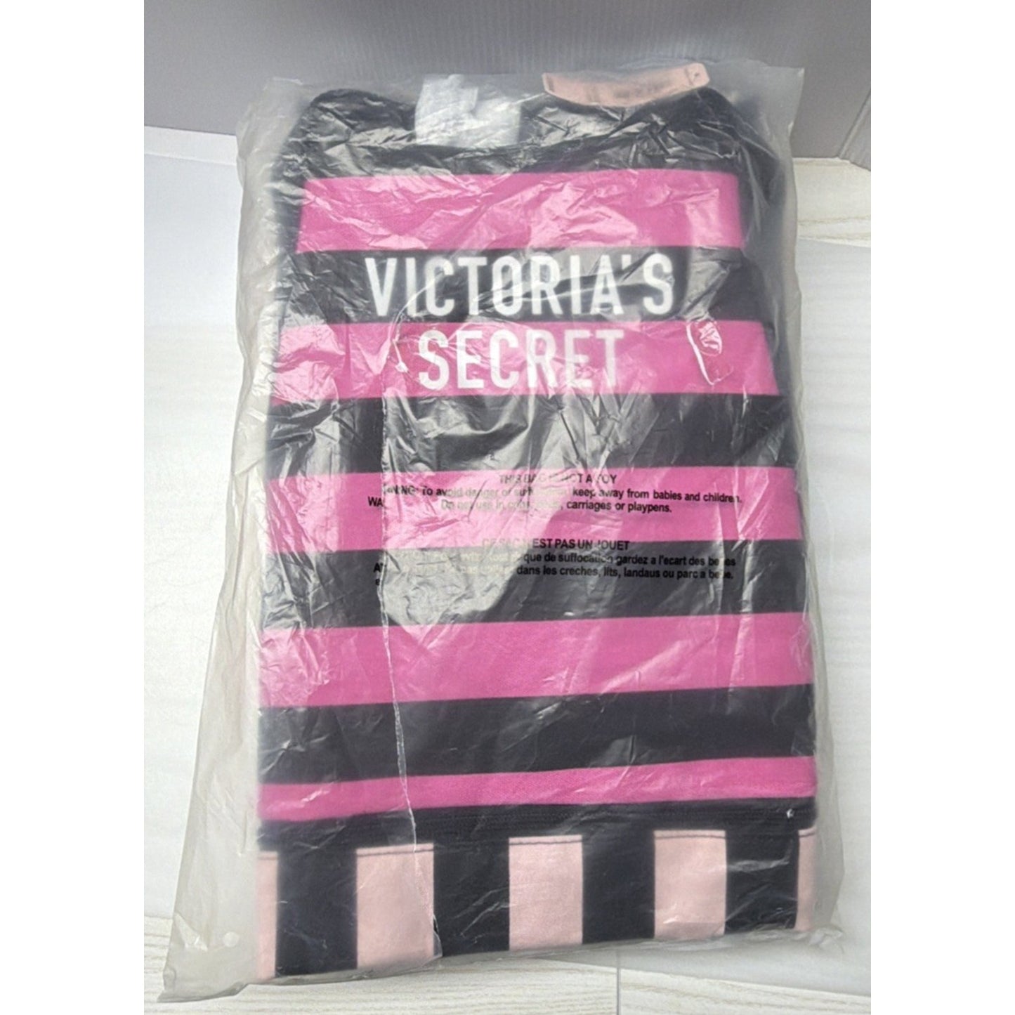 Victoria’s Secret Iconic Canvas Pink Black Striped Weekender Bag Tote Exandable