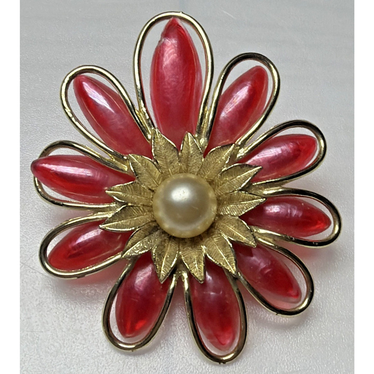 Vintage Large Flower Blossom Brooch Resin Plastic Leaves Gold Frame Faux Pearl
