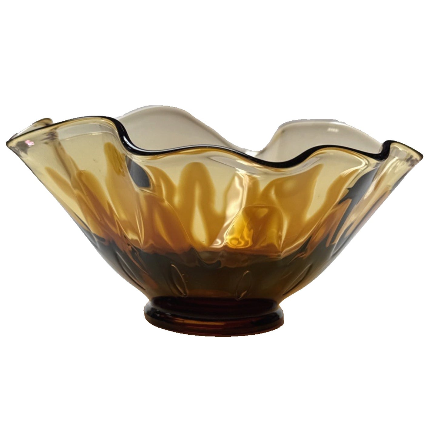 MCM Fostoria Art Glass Hawaiian Amber Brown Footed Ruffled Bowl