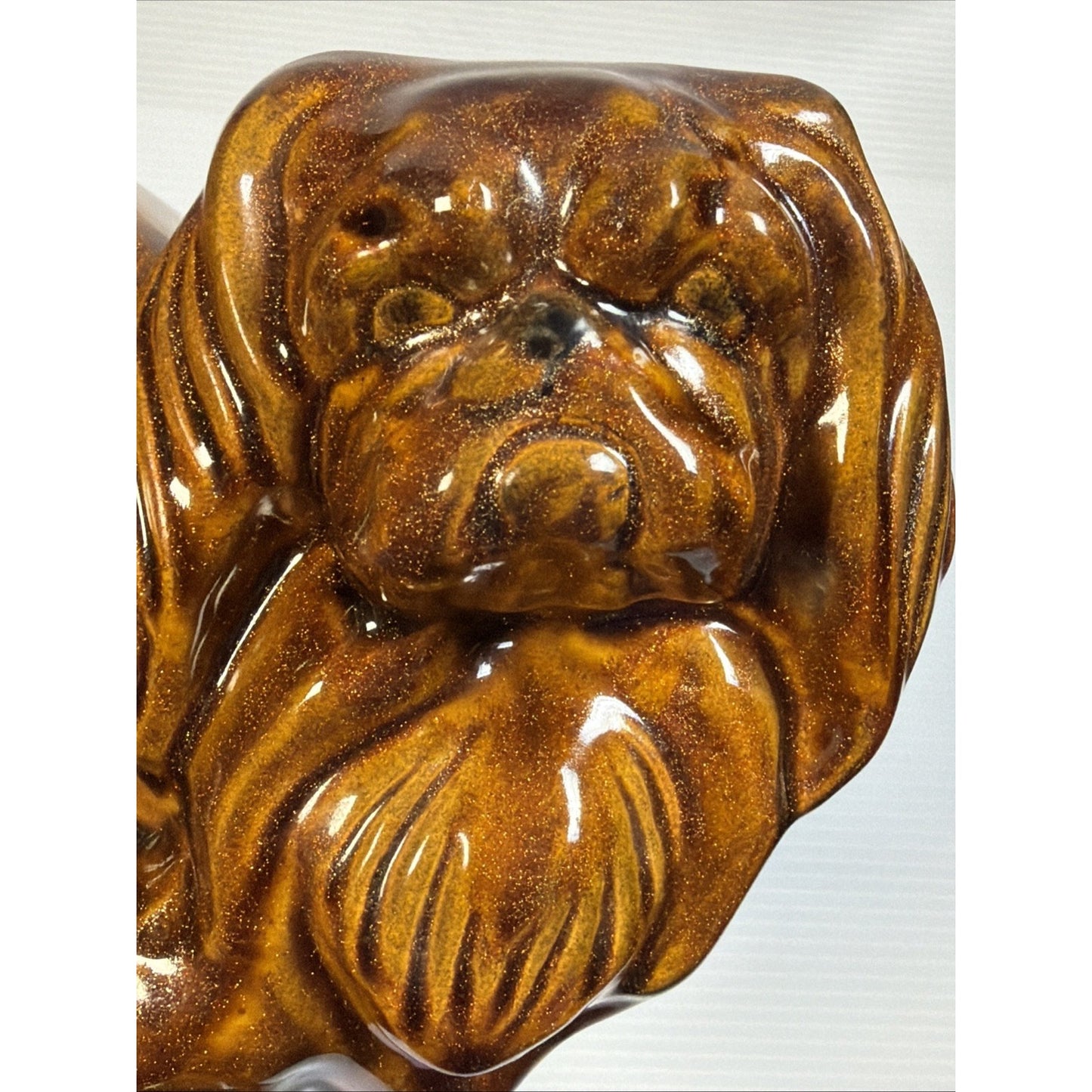Vintage Pekingese Dog Statue Ceramic Mold Brown Copper Aventurine Glaze Signed