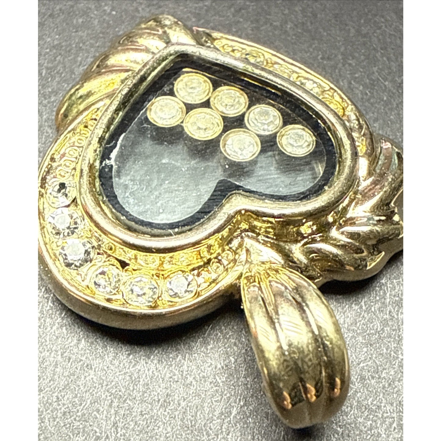 Vintage Gold Tone Floating Crystals Heart Pendant Black