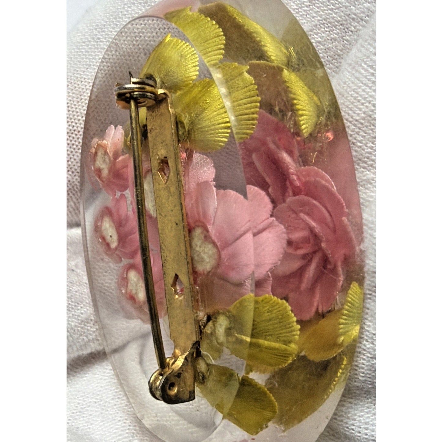 Vintage Clear Lucite Pin Brooch Rose Flower Bud Floral Pink Green Leaves