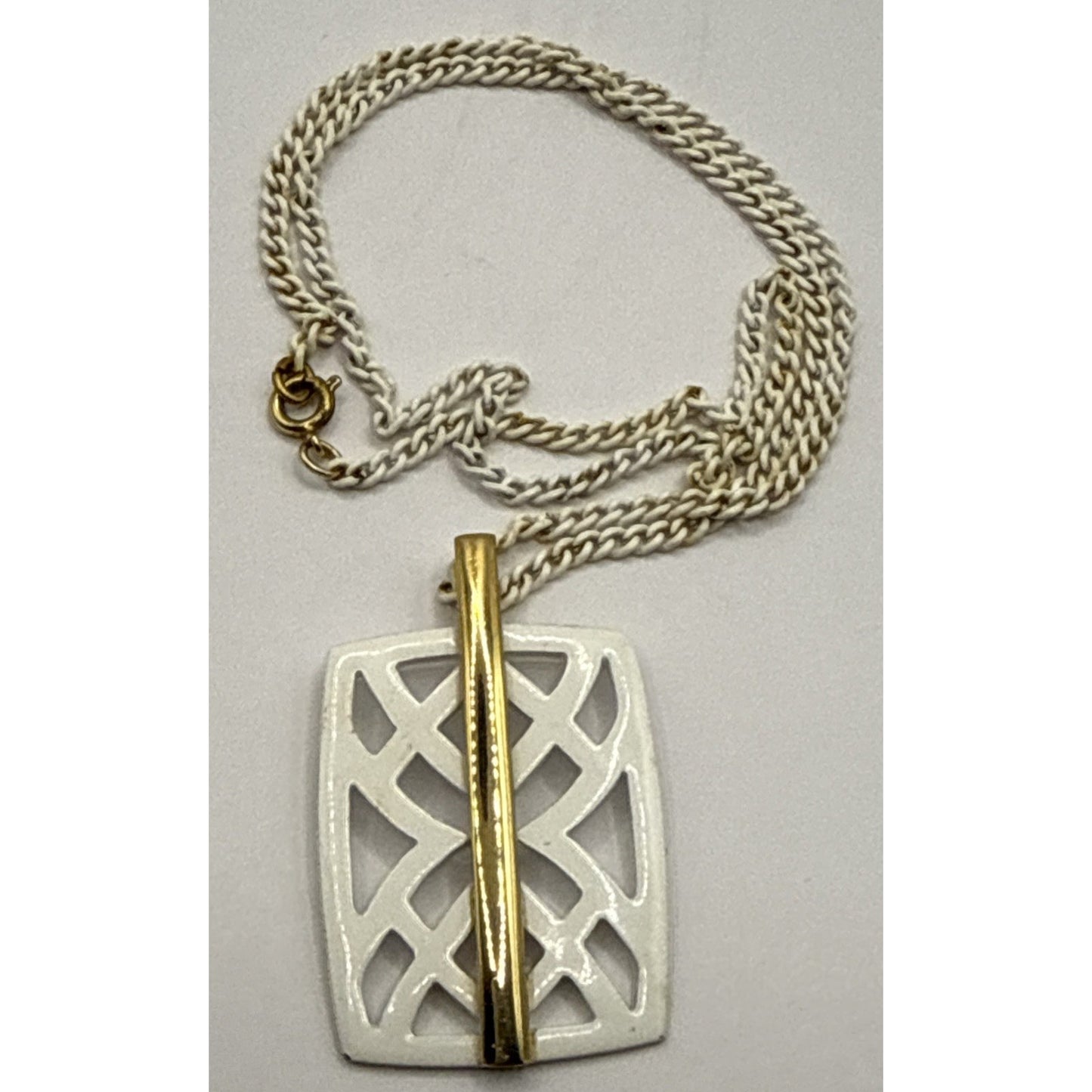 Vintage Crown Trifari Modernist White Enamel Necklace Pendant Gold Geometric
