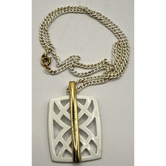 Vintage Crown Trifari Modernist White Enamel Necklace Pendant Gold Geometric
