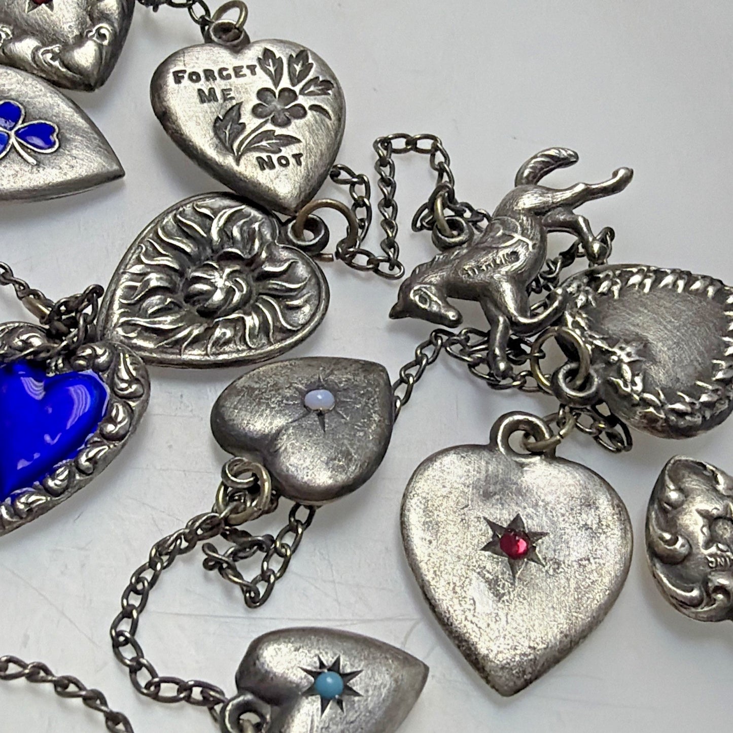 Antique Sterling Silver Puffy Heart Charms Necklace Enamel Gemstone Emboss As Is