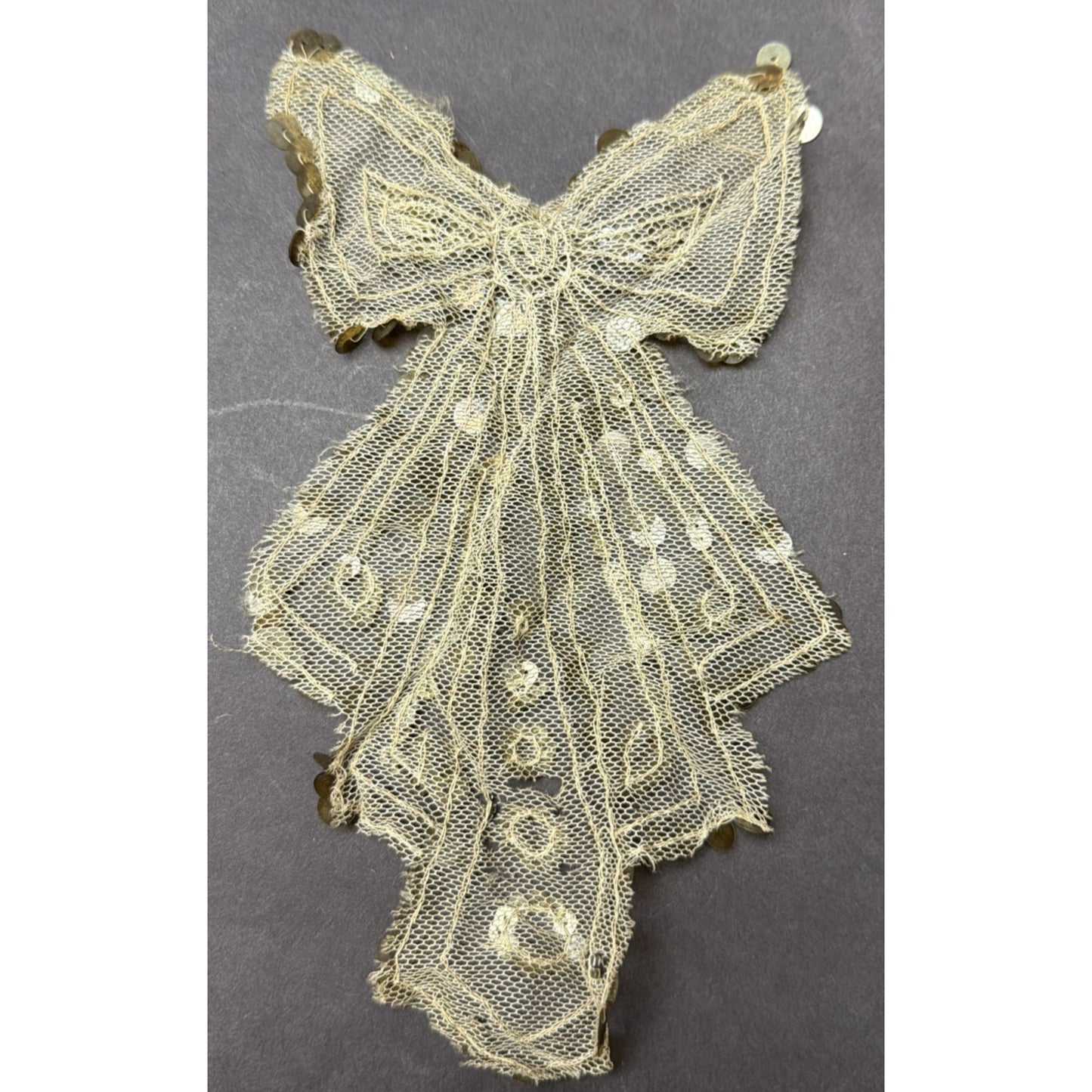 Antique Gold Sequined Tulle Lace Applique Bow Adornment As Is