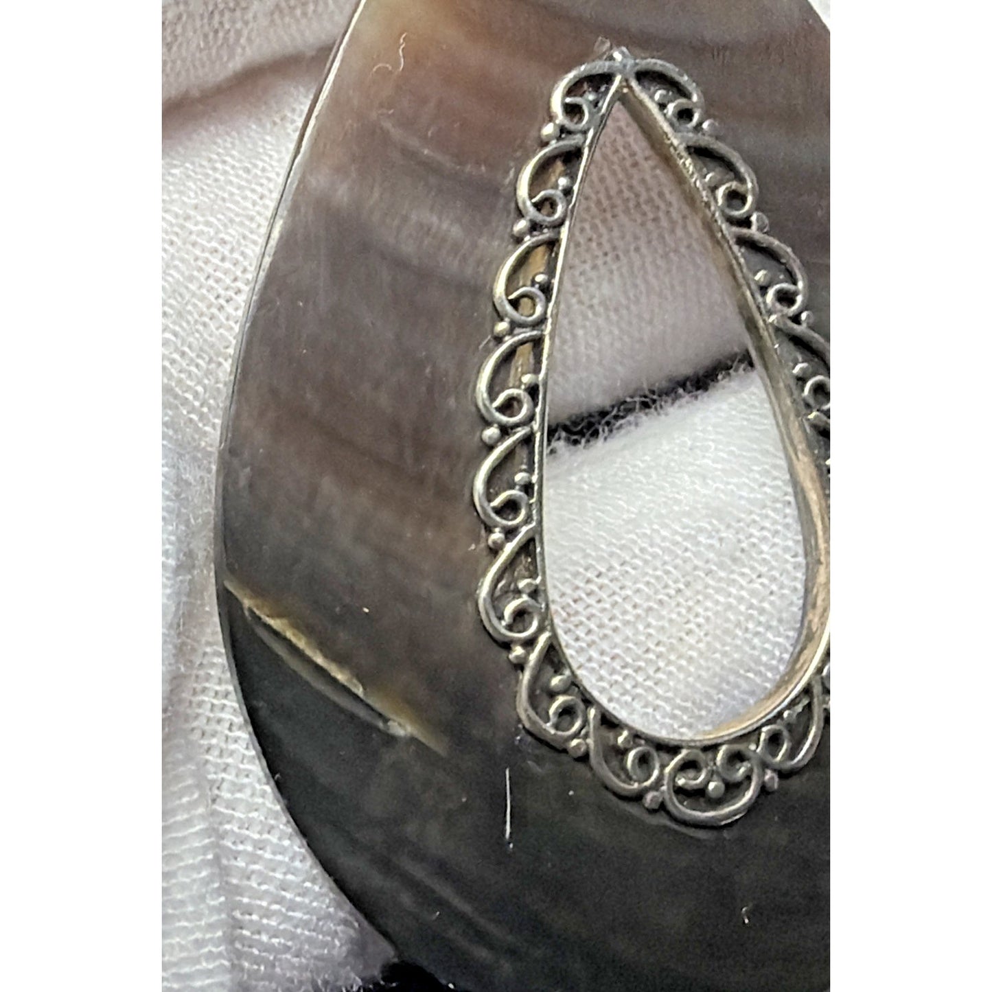 Sterling Silver Abalone MOP Teardrop Pendant Ornate Filigree Bali Style As Is