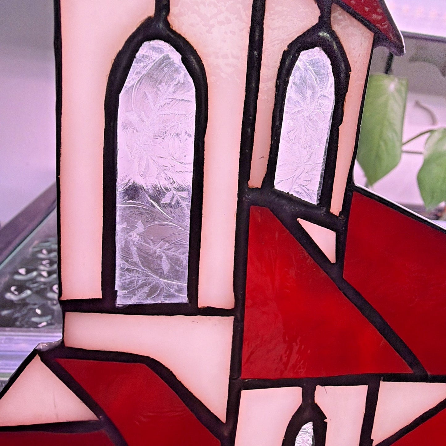 Vintage Stained Glass Church Suncatcher Red Slag Crackle Amber