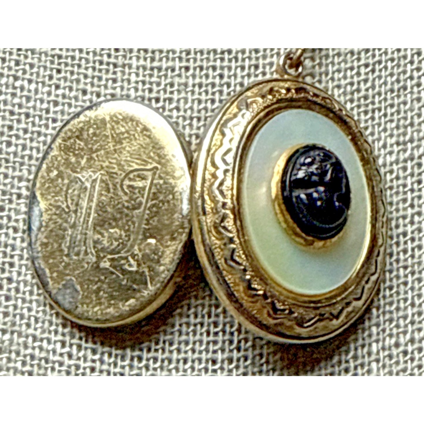 Vintage Black Celluloid Cameo Mother Of Pearl Locket Engraved Pendant Necklace