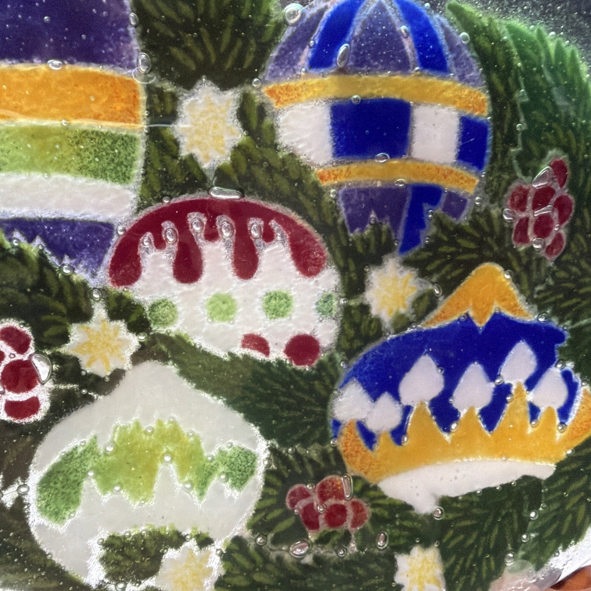 Vintage Peggy Karr Fused Glass Holiday Ornaments Holly Platter Signed