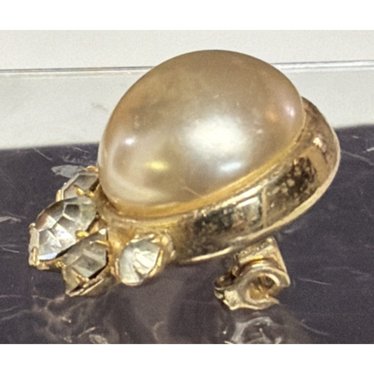 Vtg Coro Faux Pearl Button Cabochon Pin Clear Rhinestone Waterfall Pin Brooch