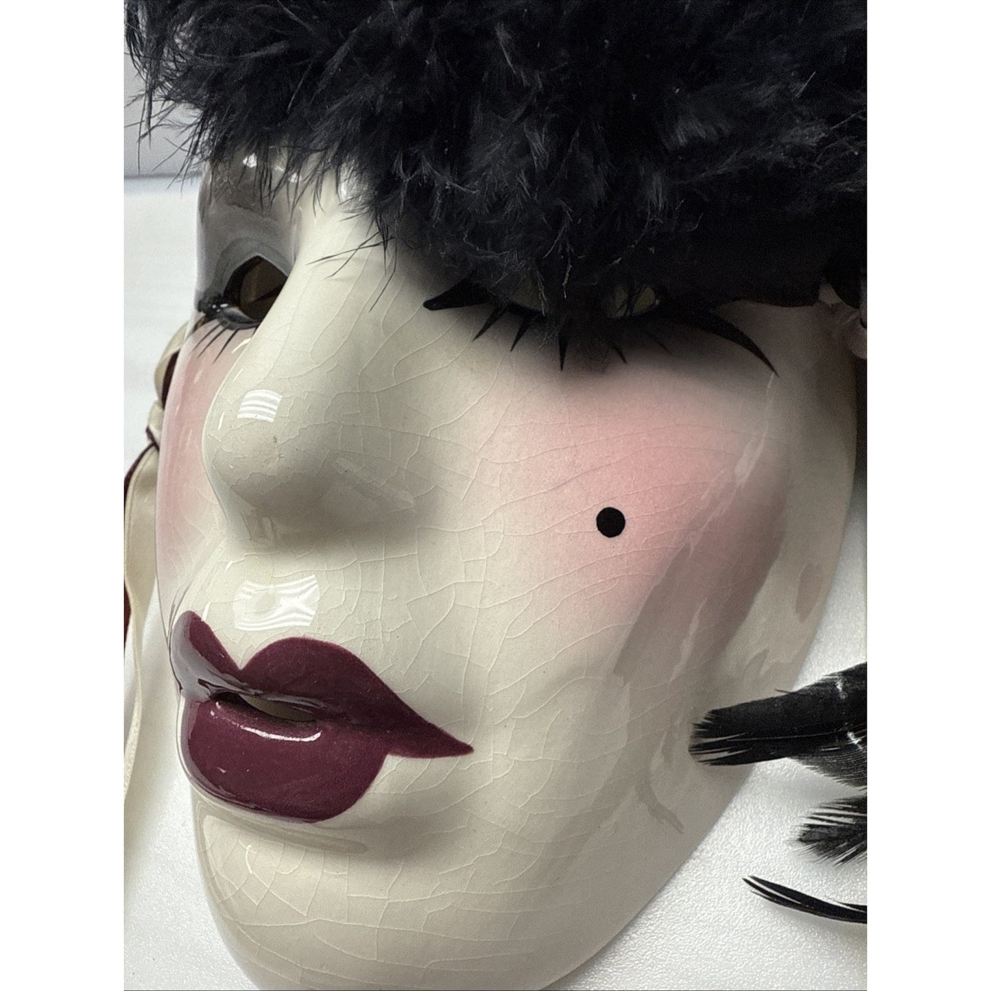 Unique Creations Ceramic Glazed Mask Feathers Pearl Signed Sticker 318/500 As-Is