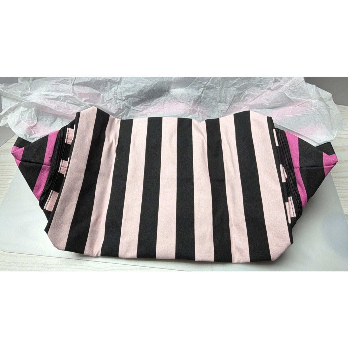 Victoria’s Secret Iconic Canvas Pink Black Striped Weekender Bag Tote Exandable