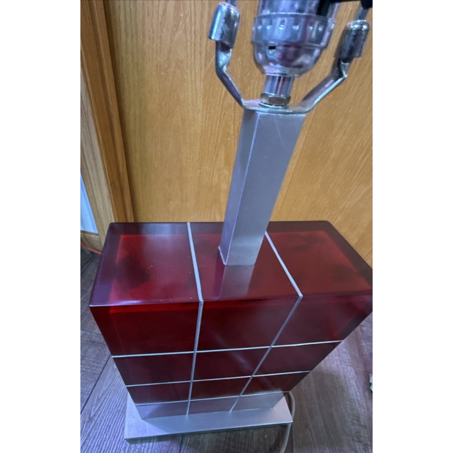 Vintage Modern Geometric Red Lucite Block Acrylic Stacked Lamp Metal Base As Is