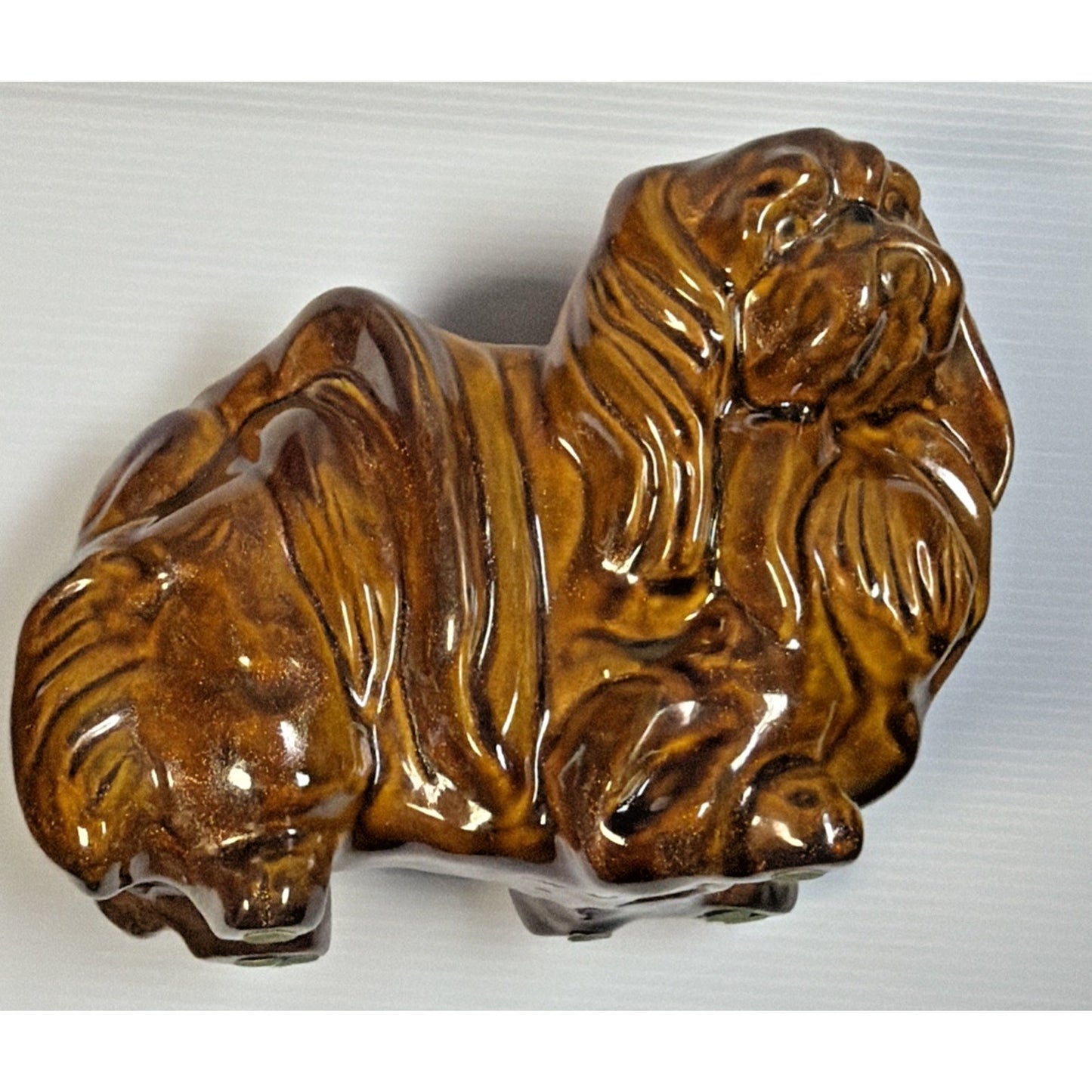 Vintage Pekingese Dog Statue Ceramic Mold Brown Copper Aventurine Glaze Signed