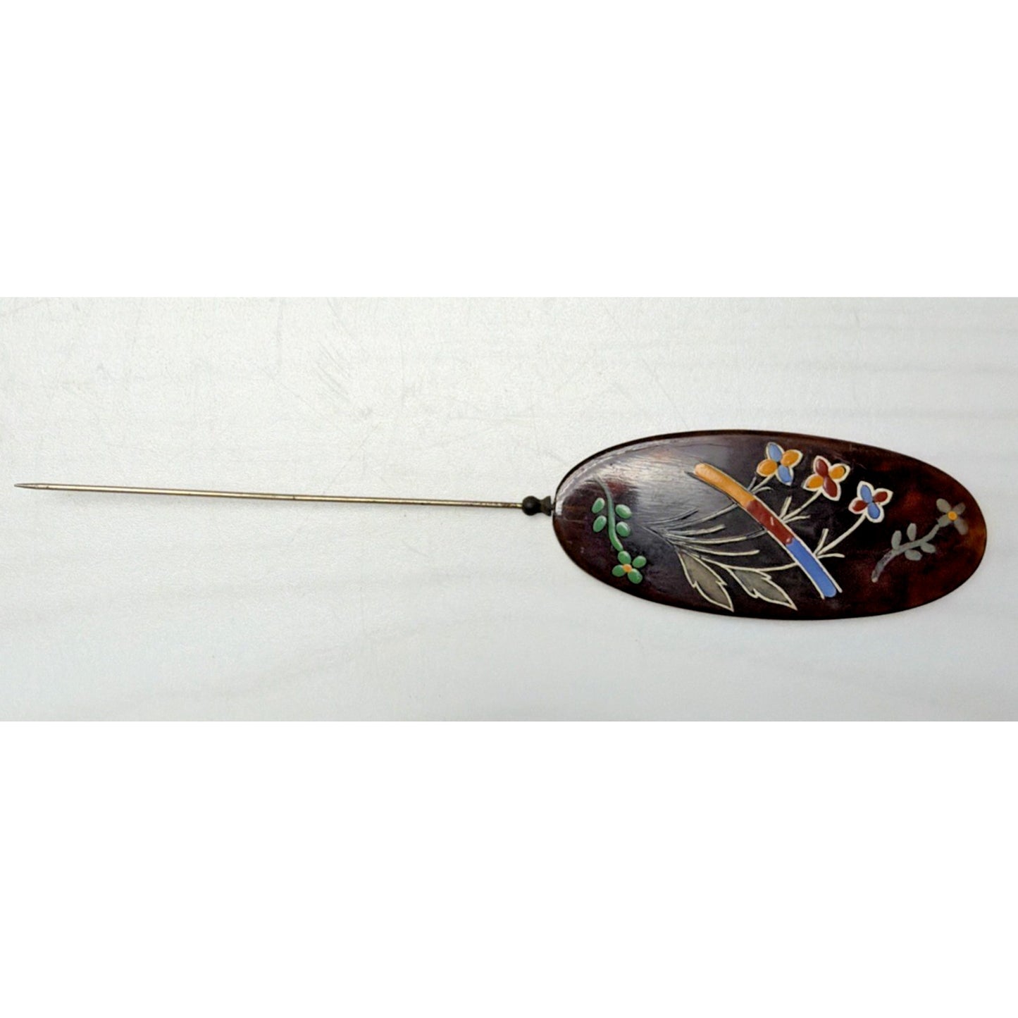Art Deco Tortoise Shell Hair Pin Stick Pin Faux Hand Painted Enameled As Is