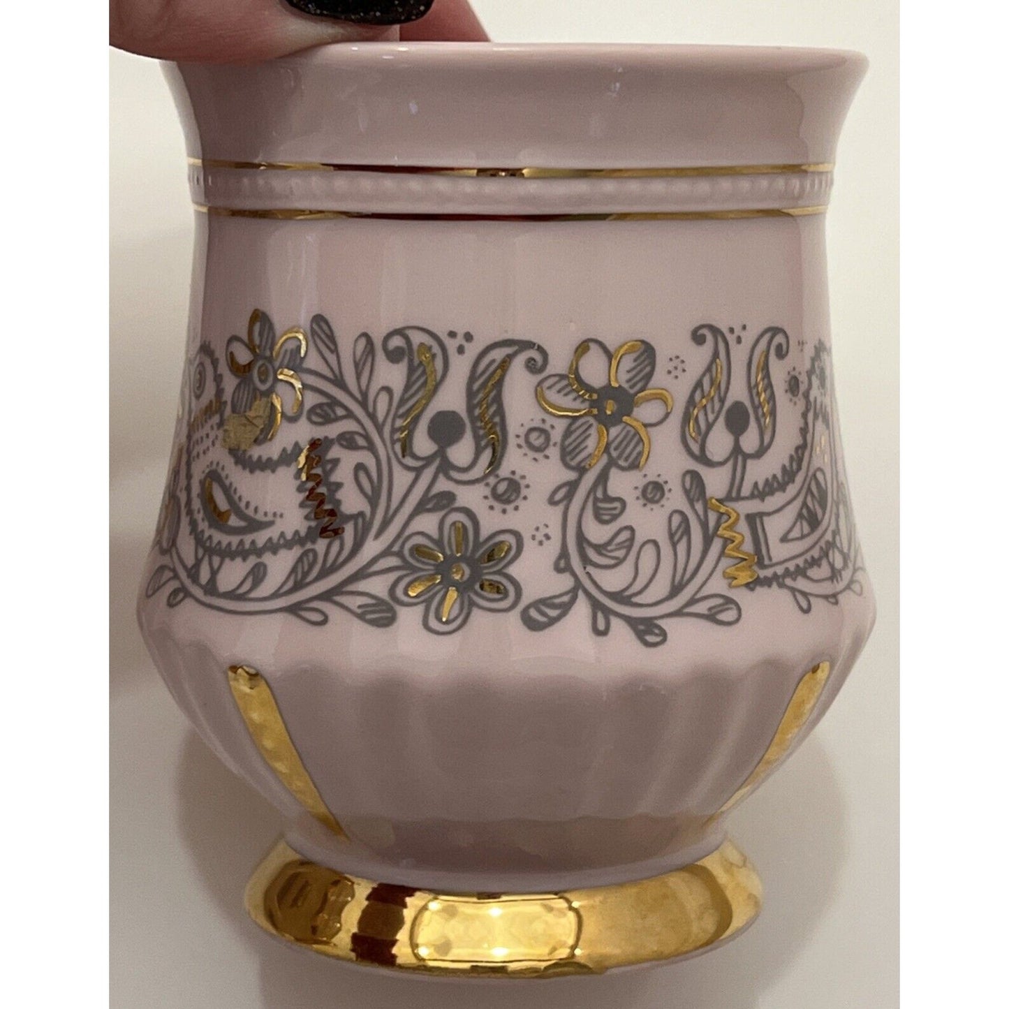 Antique Lot Of 2 H&C Rosa Pink Czech Porcelain Love Birds Gold Mugs Tea Cups