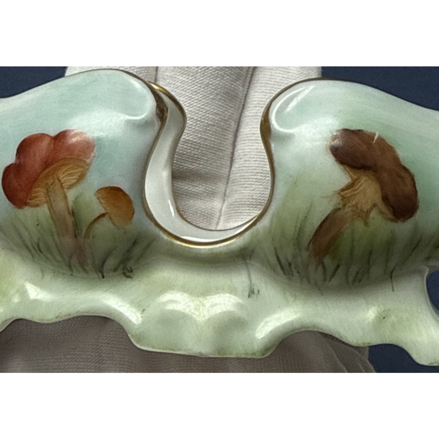 Vintage Porcelain Toothpick Holder Horizontal Hand Painted Mushrooms Gold Footed