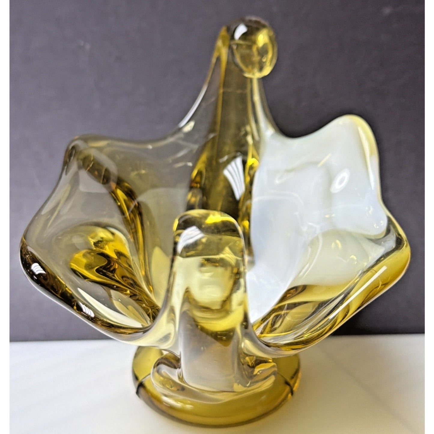 MCM Italian Art Glass Freeform Golden Bowl Amber White Handles Footed Pedestal