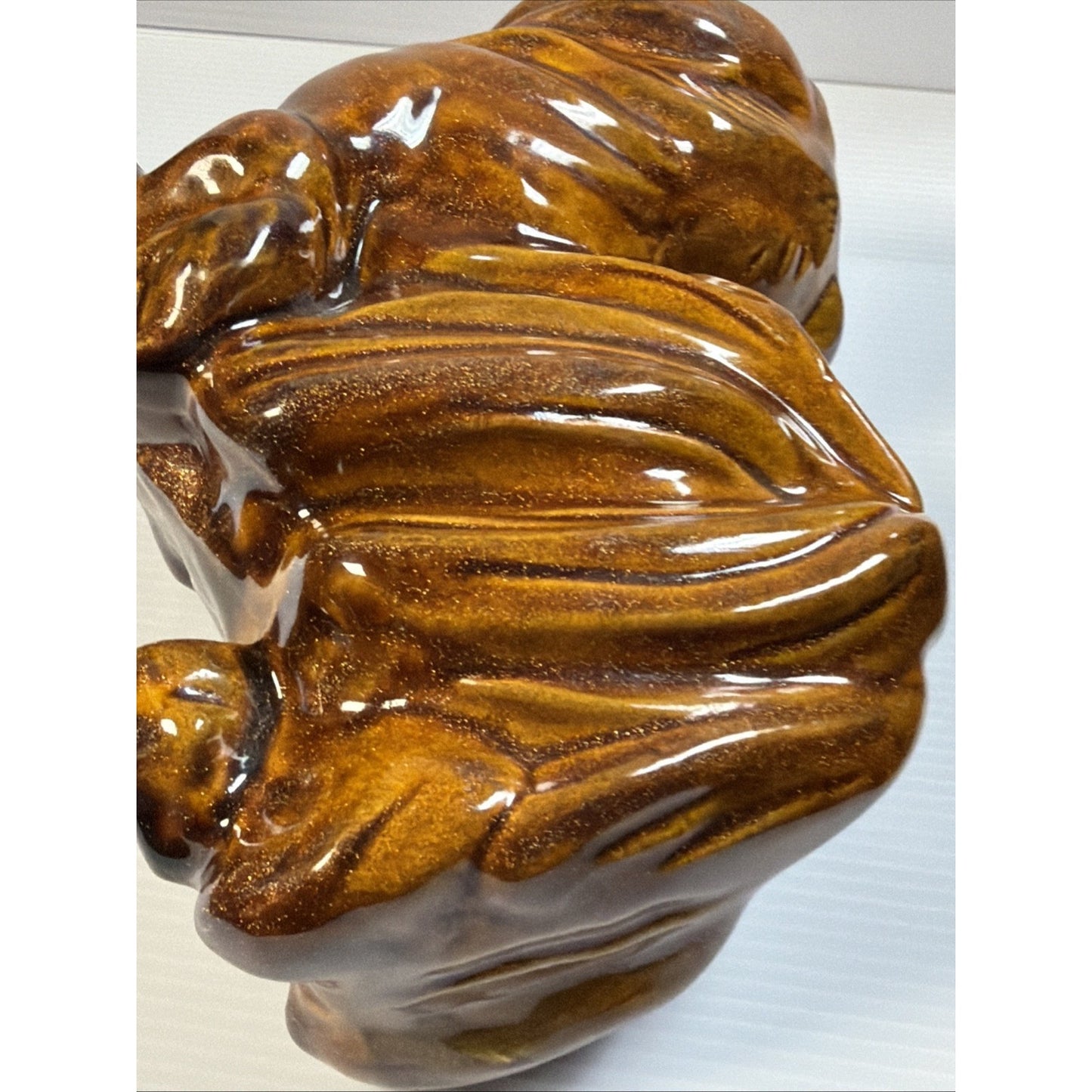 Vintage Pekingese Dog Statue Ceramic Mold Brown Copper Aventurine Glaze Signed