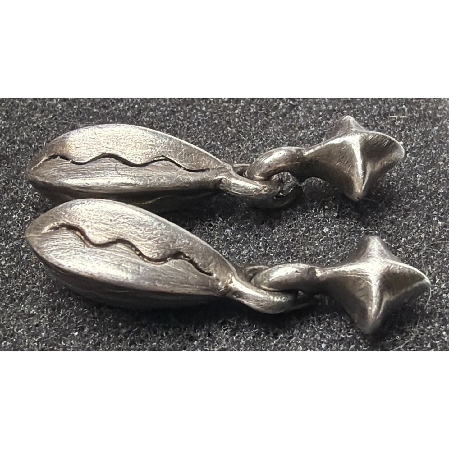 Modernist Silver Geometric Abstract Dangle Earrings Bean Fishbone Seed Pod As Is