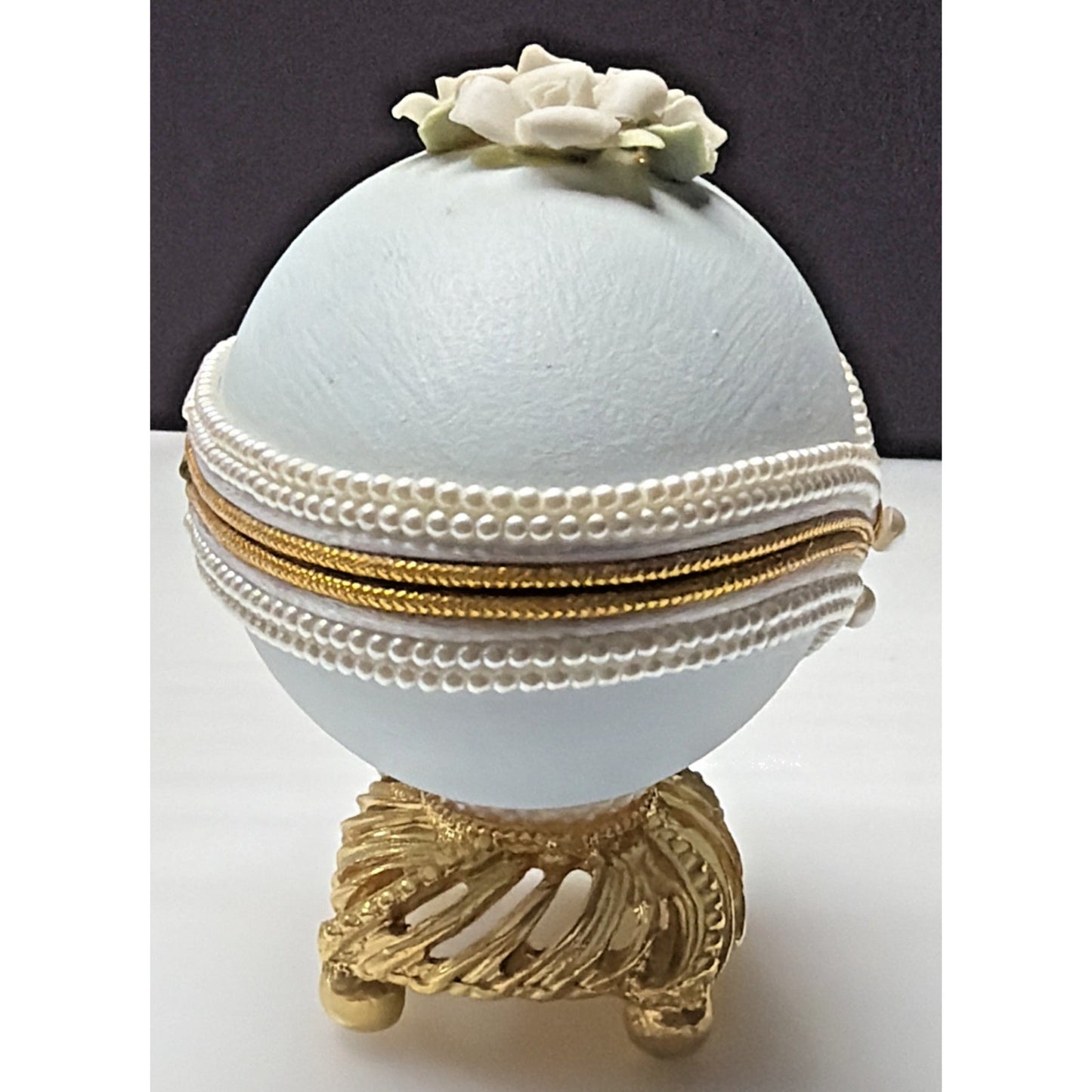 Egg Fantasy Hand Decorated Goose Egg Blue Trinket Jewelry Box Porcelain Flowers