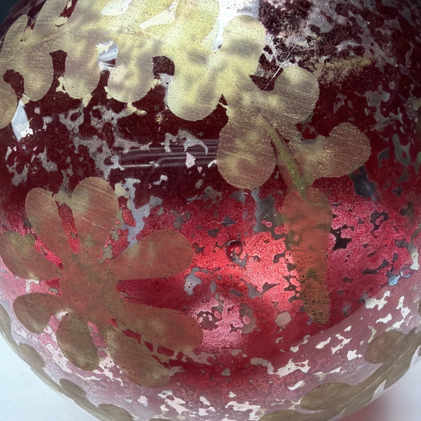 Pottery Barn Red Mottle Mercury Glass Ornament Gold Etched Snowflake As Is Read