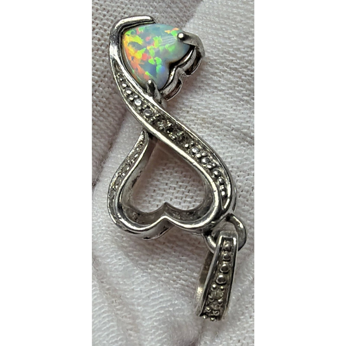 Vintage LA 925 Sterling Silver Double Heart Pendant Opal Diamond Chip