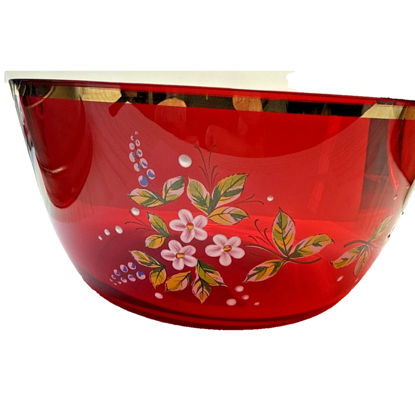 Vintage Czech Bohemian Ruby Red Crystal Hand Painted Enamel Bowl Flowers Gold