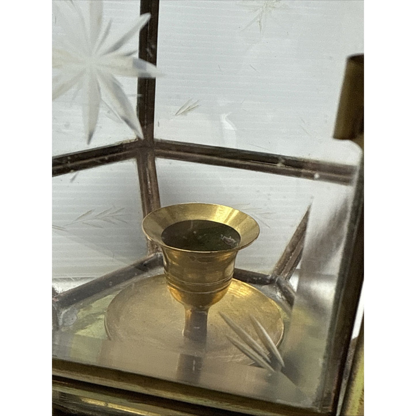 Vintage Yuksel Lambalari Turkish Shepard Brass Candle Lantern Lamp Etched Glass