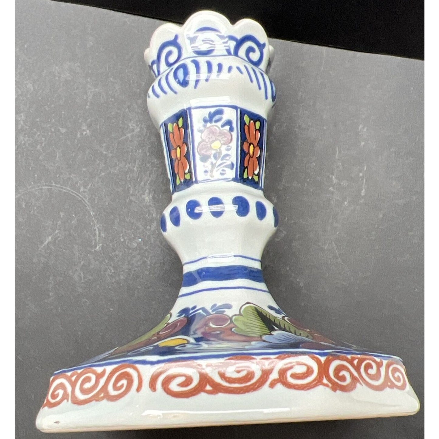 Vtg Oud Delft Holland 834/1 Candle Stick Holder Polychrome Floral Hand Painted