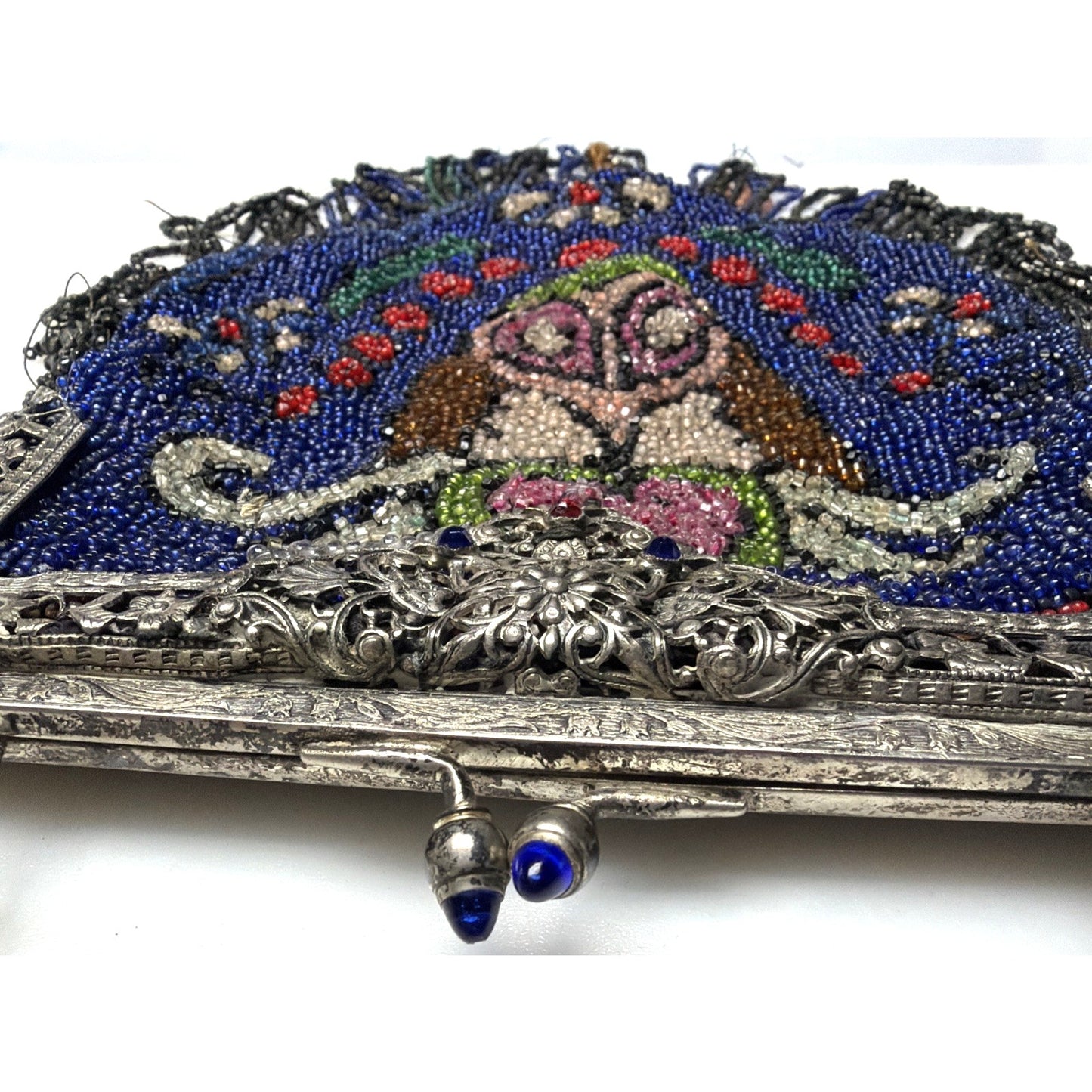 Art Deco Micro Beaded Flapper Bag Purse Ornate Metal Frame Bezel Jewel Kiss Lock