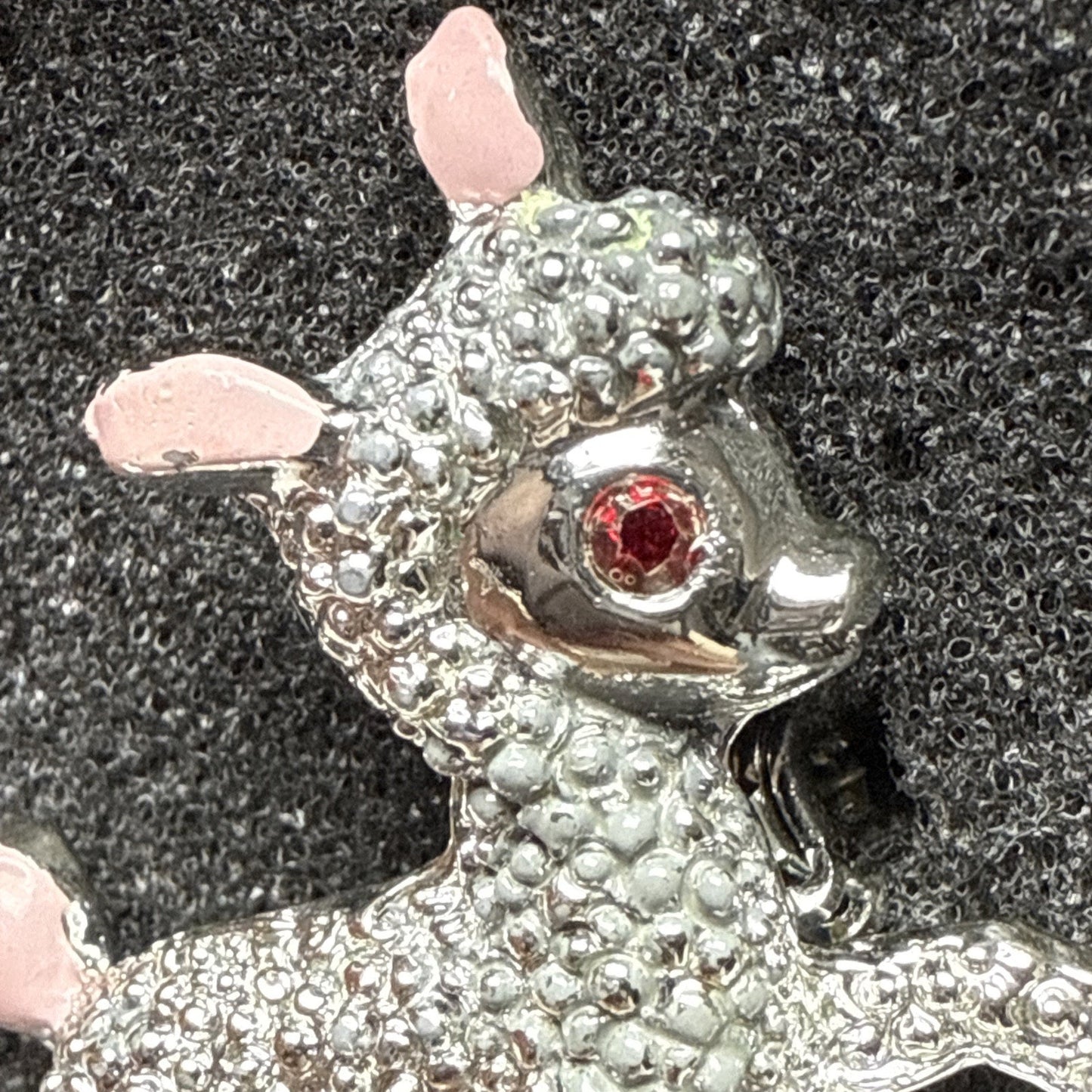 Vtg Silver Tone Little Lamb Brooch Pink Painted Feet Red Rhinestone Eyes As-Is