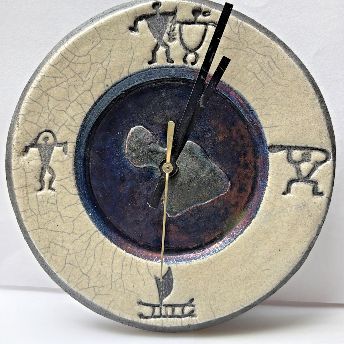 Vtg Ben Diller Raku Art Pottery Petroglyph Glazed Crackle Clock Iridescent As Is