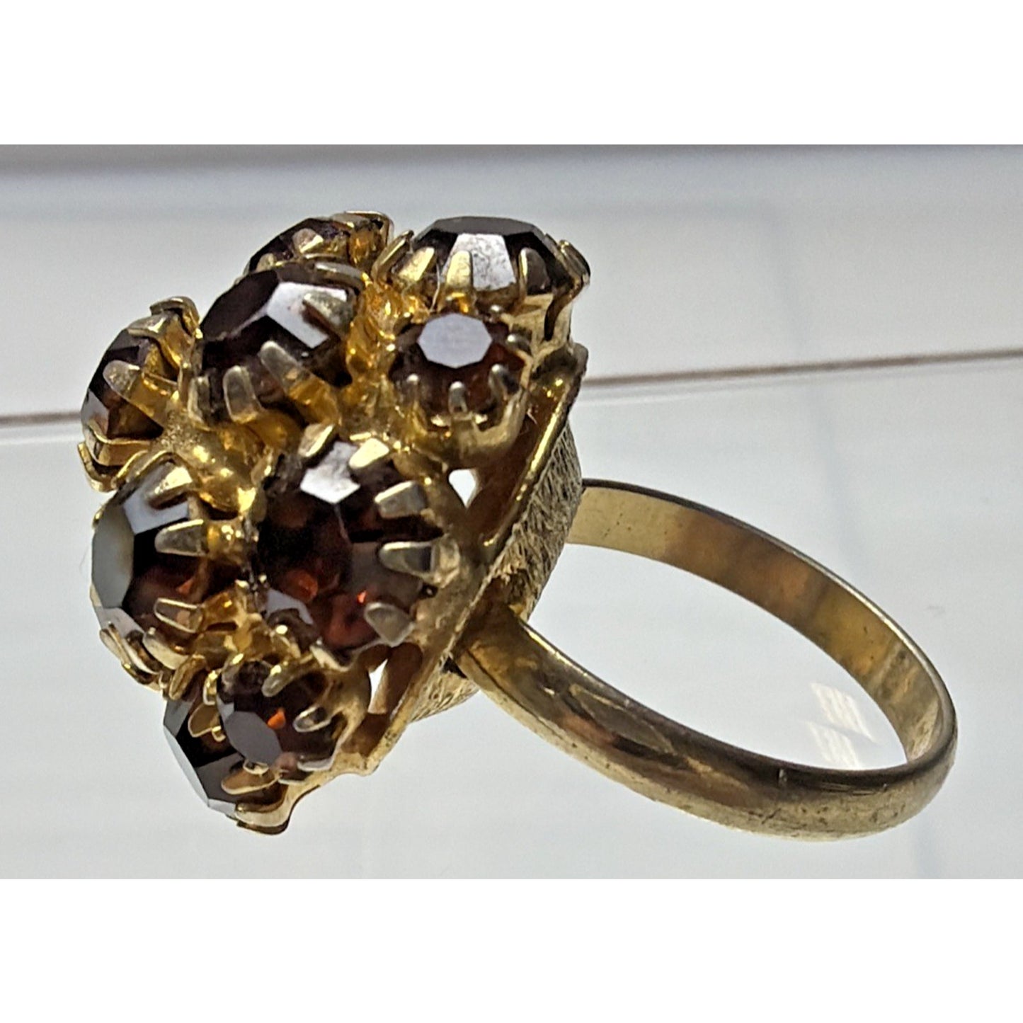 Vtg Gold Tone Adjustable Ring Amber Brown Rhinestone Cluster Prong Dome As Is