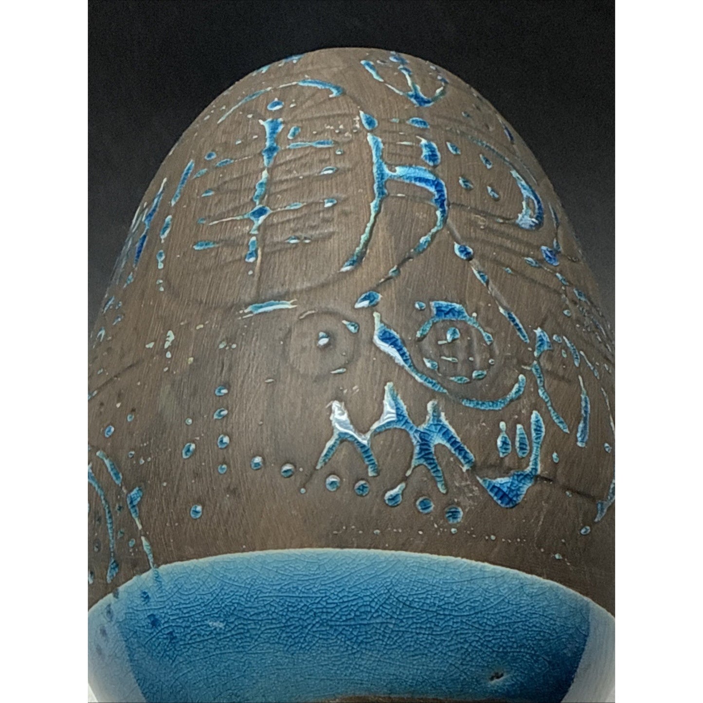 Contemporary Ashluxe Handmade Ceramic Table Vase Script Blue Brown Crackle As Is