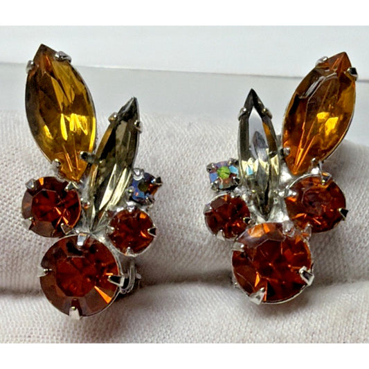 Juliana Smoke Gray Aurora Borealis Amber Topaz Rhinestone Spray Clip Earrings