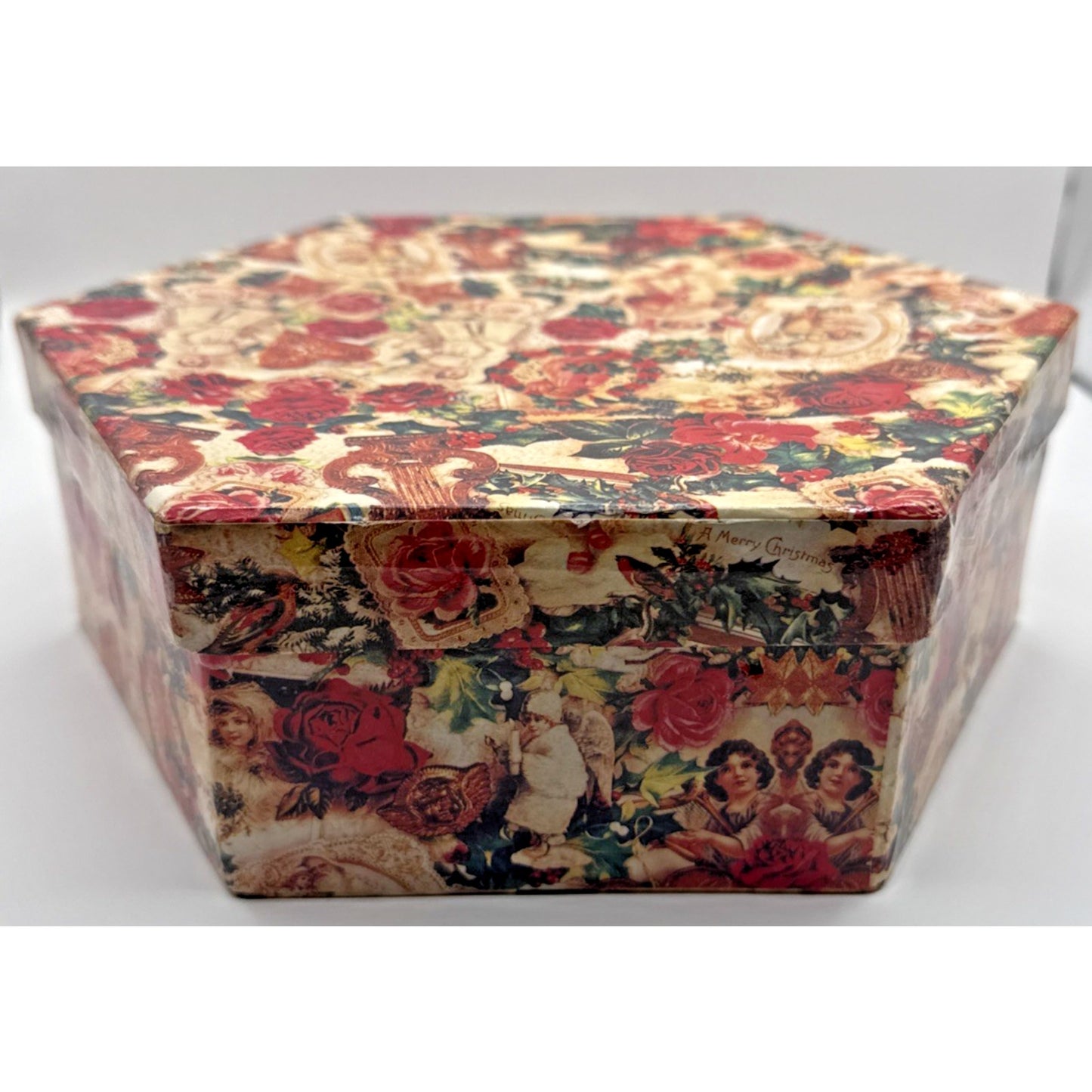 Vintage Set of 6 Christmas Decoupage Paper Mache Victorian Ornaments Box Ribbon