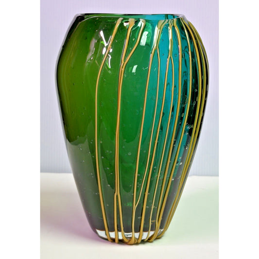 Vtg Art Glass Bubble Vase Teal Green Ombre Yellow Threaded Living Color Collect