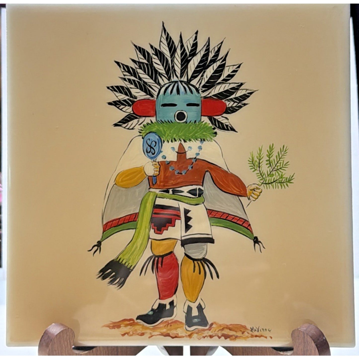 Vintage Italian Tile Hand Painted Hopi Kachina Hand Painted Signed Glazed Trivet