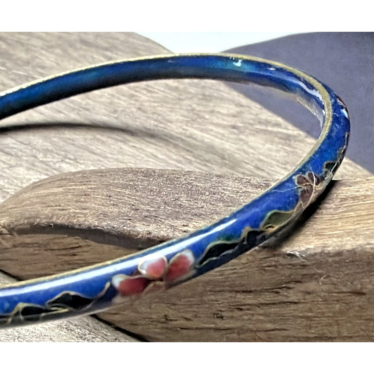 Vintage Chinese Cloisonne Floral Flower Bangle Bracelets Blue Enamel As Is