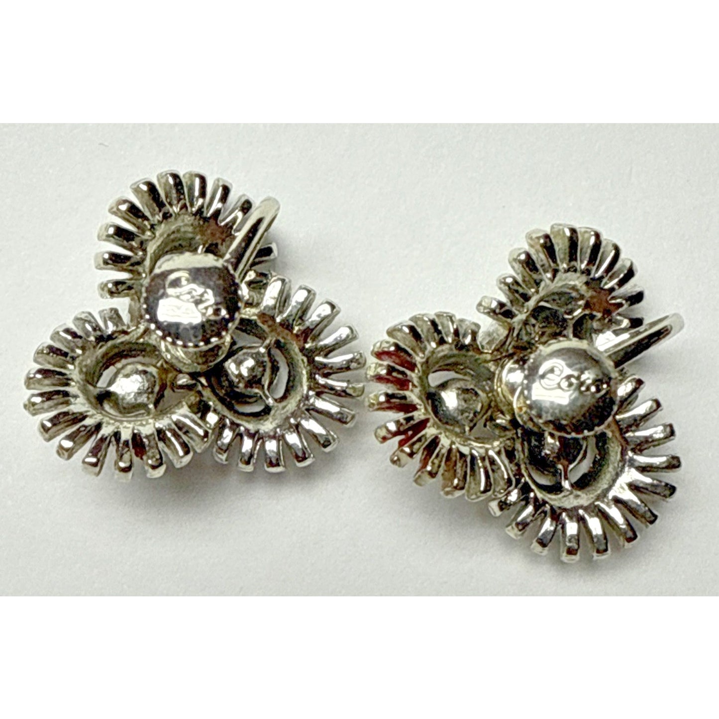 Vtg Coro Earrings Clip On Atomic Sunburst Rhinestone Flower Silver Tone As Is