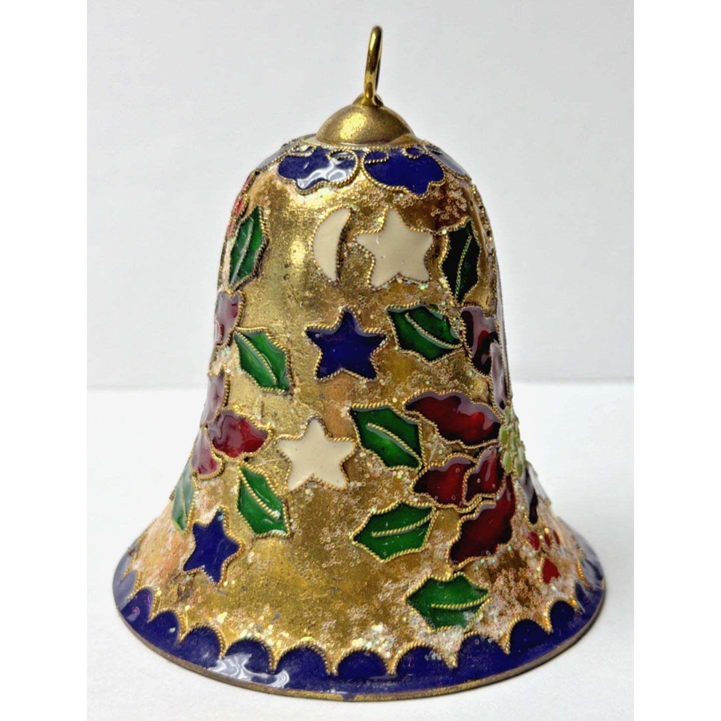 Vintage Enamel Cloisonné Bell Christmas Ornament Holly Berries Poinsettia