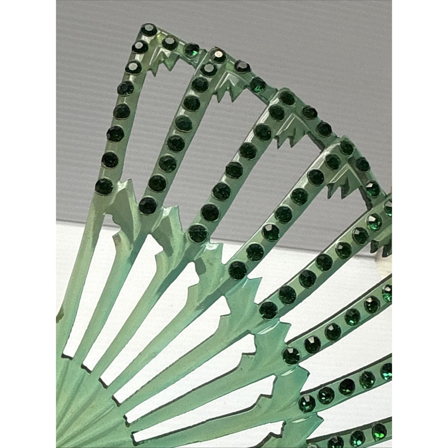 Art Deco Large Fan Shape Hair Comb Green Black Celluloid Rhinestone As-Is