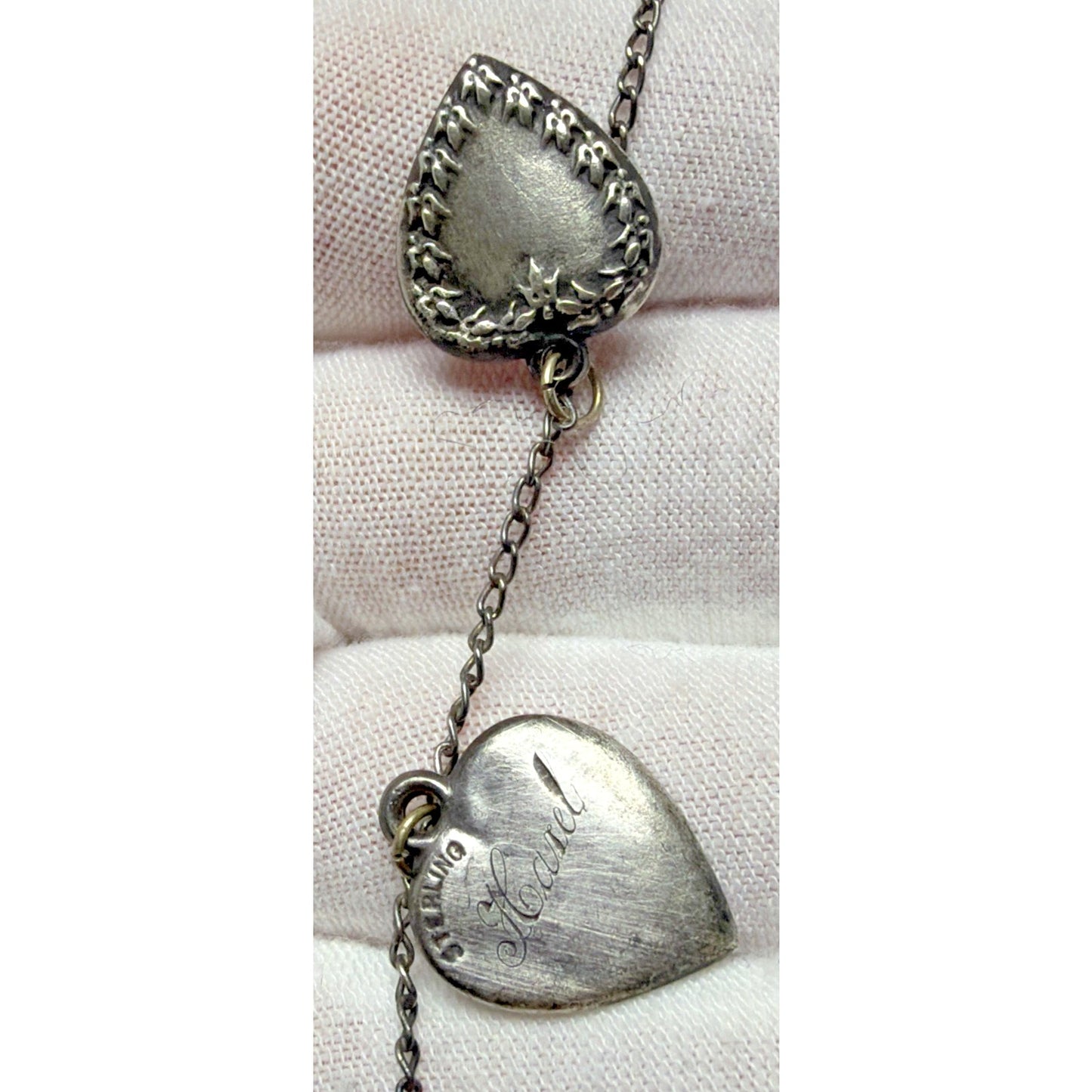 Antique Sterling Silver Puffy Heart Charms Necklace Enamel Gemstone Emboss As Is