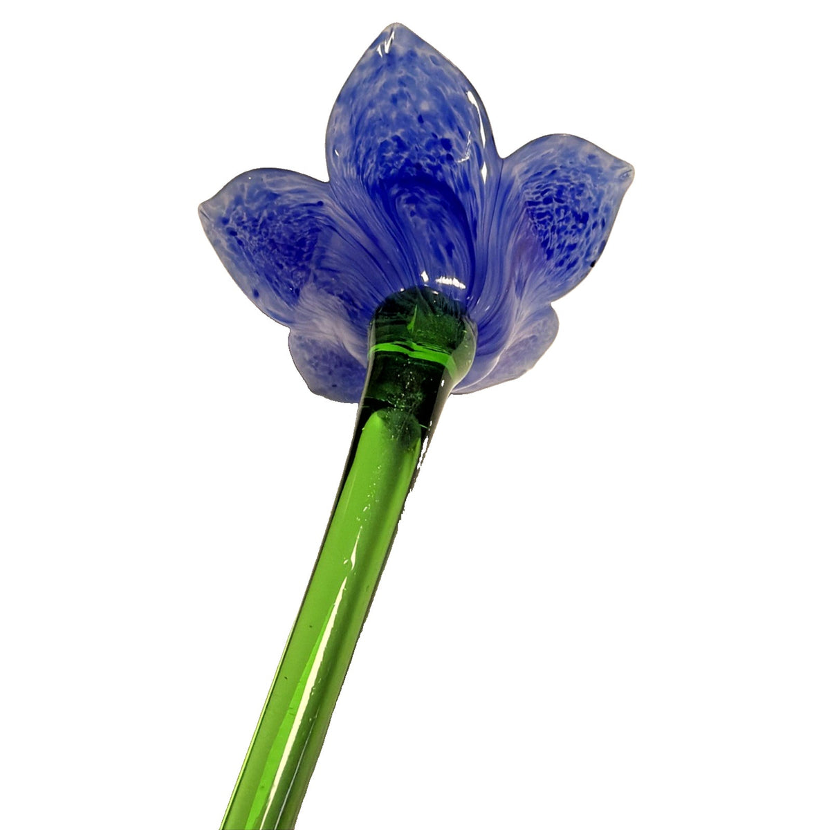 Vtg Hand Blown Art Glass Long Stem Flower Green Stem Blue Mottled Pink Center