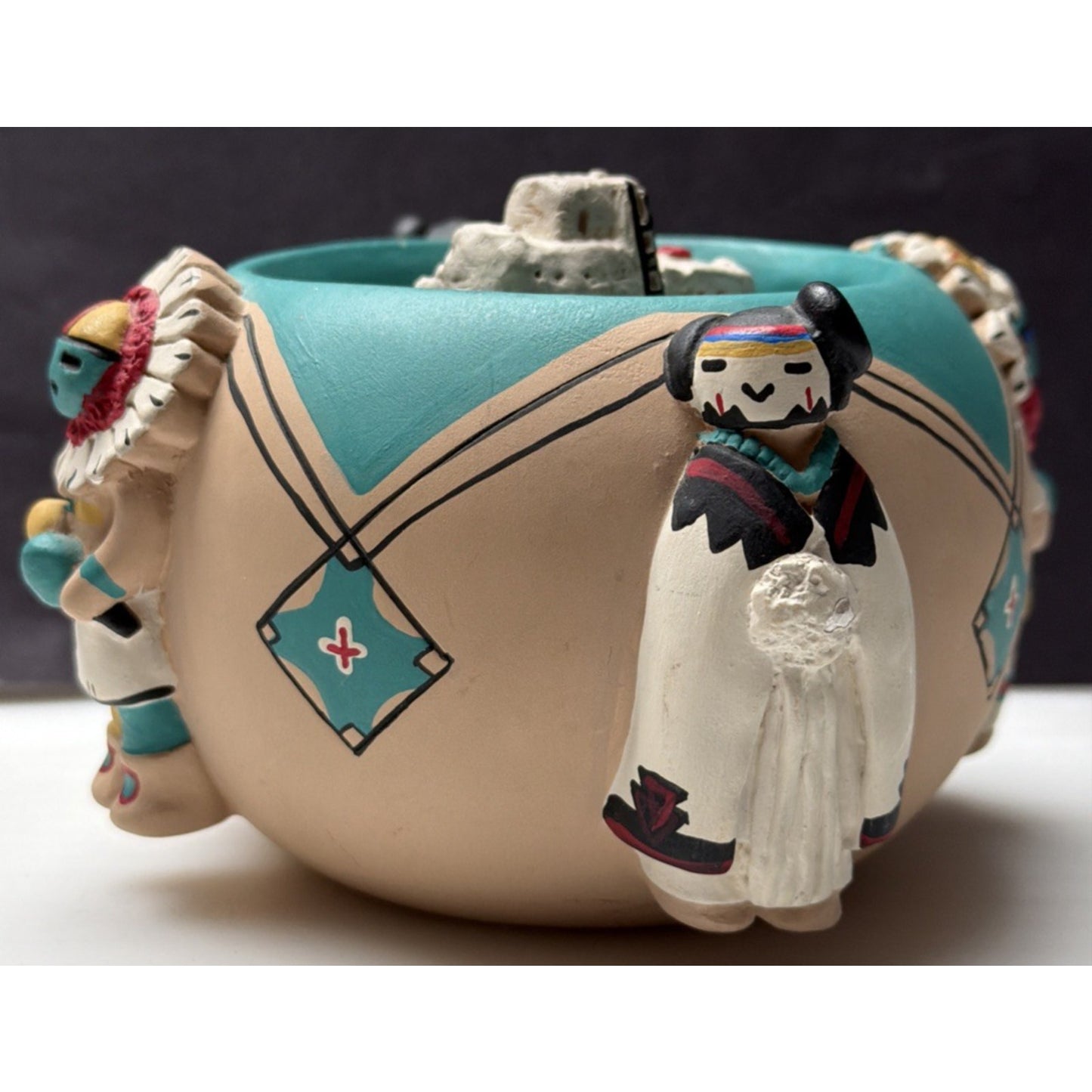 Friendship Bowl Teissedre Pueblo Pottery Ceramic Kachina Dancers House As-Is